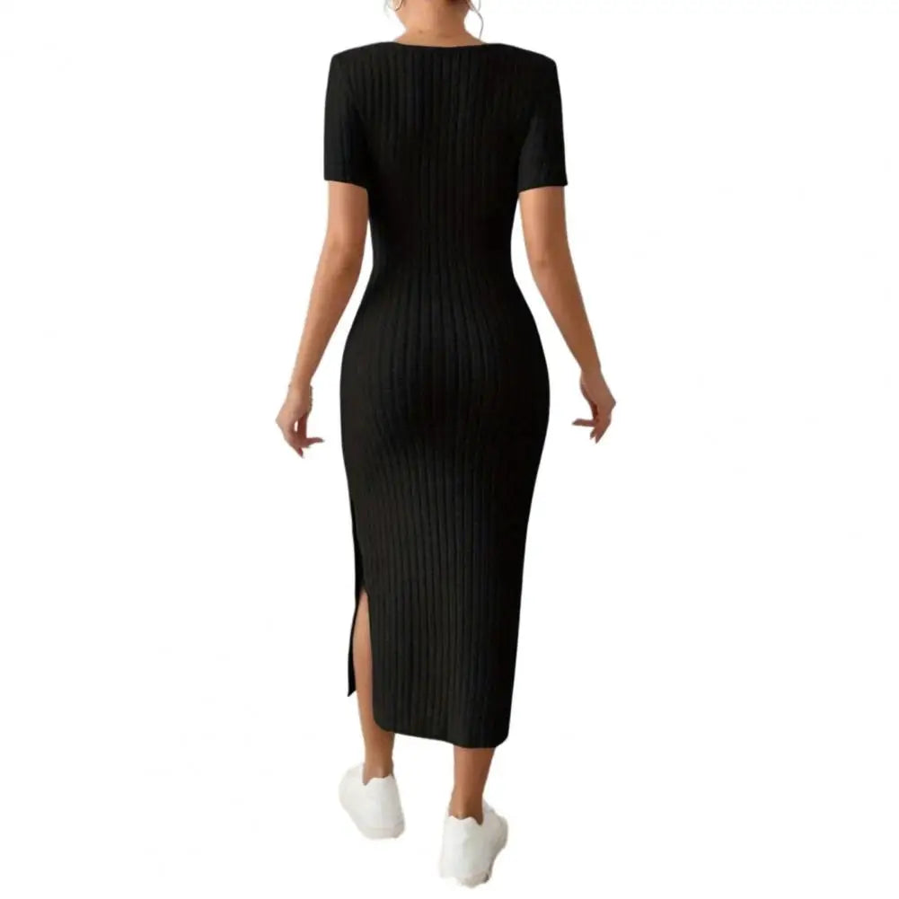 Women Summer Dress Split Hem Knitted Elastic Mid-calf Length Knitted Slit Dress Lady Party Commute Casual Ins Style Midi Dress