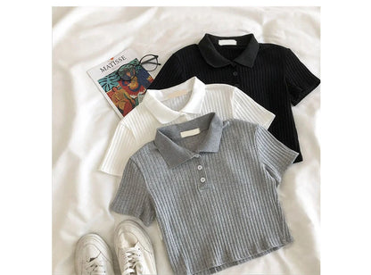 Women Knit School Polo Neck Cropped Shirt Summer Short Sleeve Youthful Solid Color Crop Top Female Basic Blouse Lady Pullover