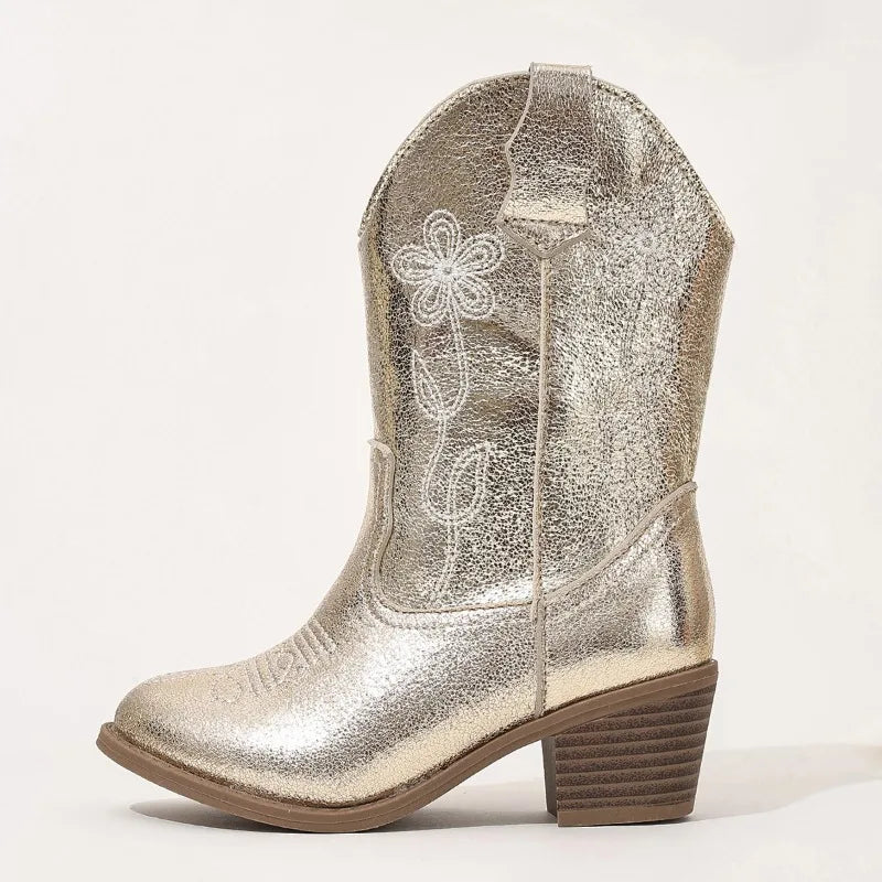 Luxury Gold Silver Western Knee High Boots Girls Premium Quality Slip-on Cowboy Long Booties Kids Heeled Point Toe Floral Botas