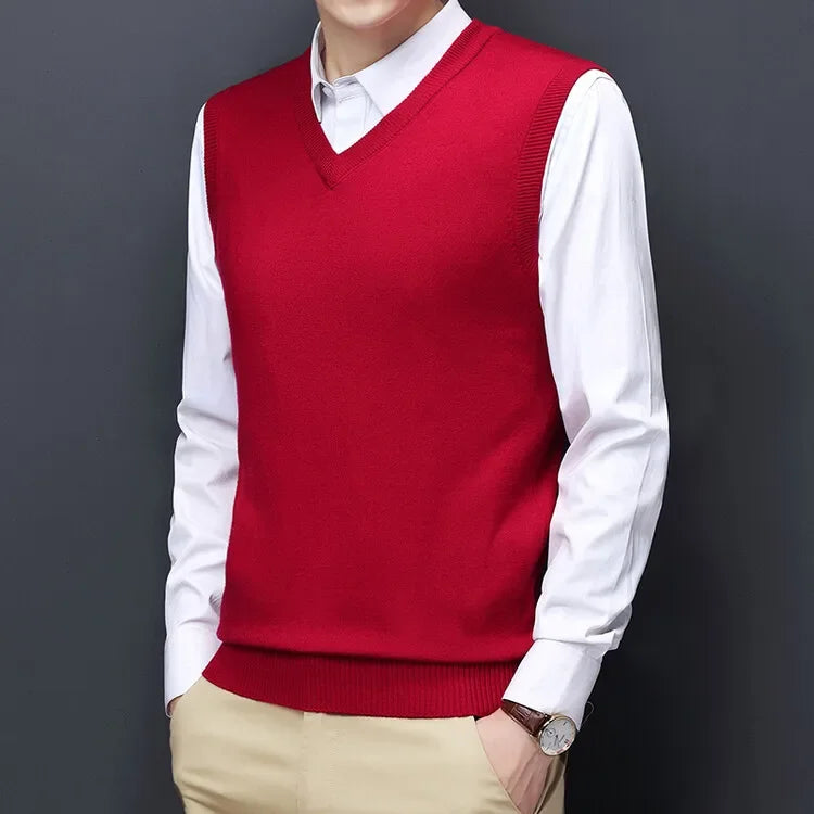 New Men's Autumn High-end Sweater Vest V-neck Warm Knit Sleeveless Men's Clothes Pullover Tops