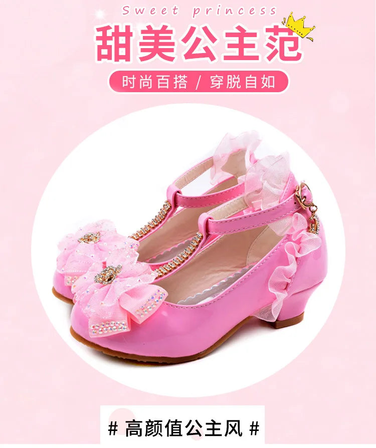 Children's Leather Shoes Girls High Heels White Princess Shoes Spring Autumn Kids Crystal Bow Party Student Performance Shoes