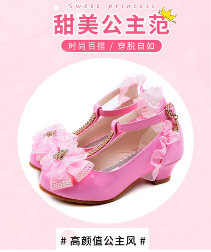 Children's Leather Shoes Girls High Heels White Princess Shoes Spring Autumn Kids Crystal Bow Party Student Performance Shoes