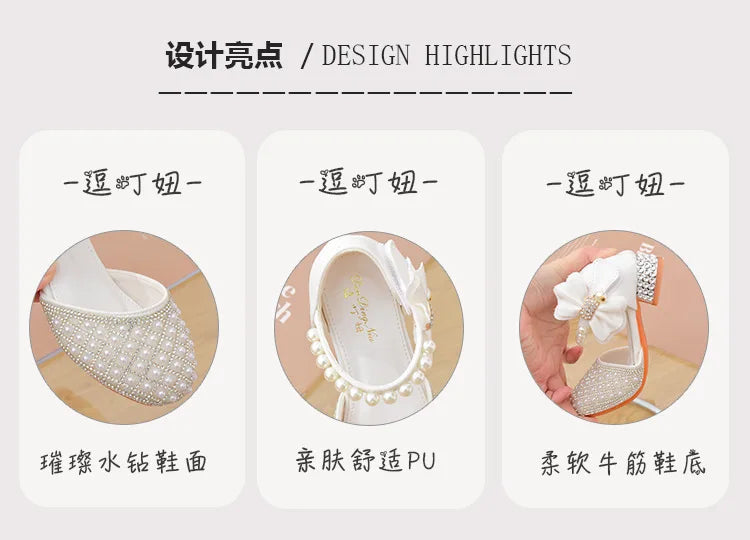 Rhine stones Princess Party Shoes Shiny Crystal Bow White Children High Heels Girls Sandals Summer Kids Student Performance Shoes