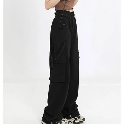 Women's Spring Vintage Hollow Stripe Long Sleeved Knitwear+ Strap+ Cargo Pants Suit Korean Elegant Sweater Trousers Matching Set