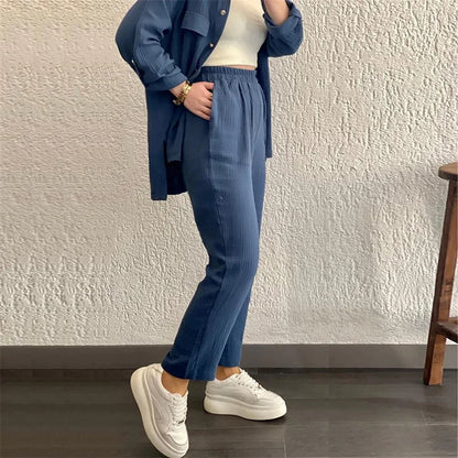 Summer outfits for women 2025 New Loose Button Long Sleeve Shirt and Cropped Pants Casual Sports Summer women's suit Pants Set