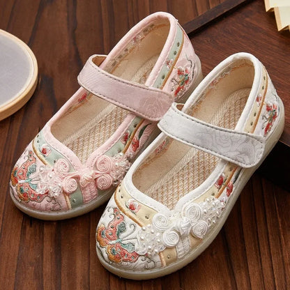 Kids Hanfu Shoes Sweet Embroidery Flower Girl Princess Shoes Fashion Chinese Ancient Style Children's Causal Flat Cloth Shoes