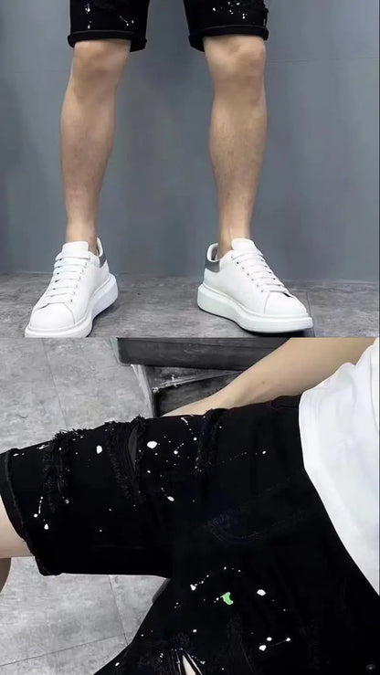 Summer Casual Men's Denim Shorts Korean Straight Washed Jeans Short Ins Ripped Cat Whisker Ink Splash Plaid Black Five-Pants