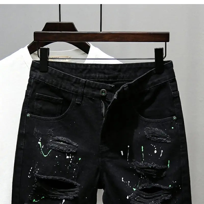 Fashion Summer New Casual Denim Jeans Knee Length Shorts for Men Black Cowboy Low Rise Ripped Holes Boyfriend Men's Denim Shorts