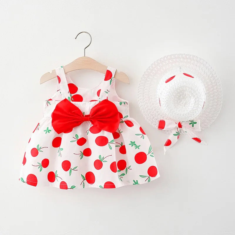 2Piece Sets Summer Toddler Girl Clothes Korean Fashion Flowers Cute Bow Sleeveless Princess Baby Dresses+ Sunhat Kids Dress BC136