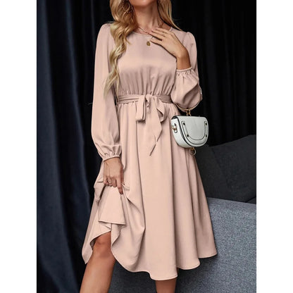 Summer Women's New Fashion Lantern Sleeves Keyhole Back Lace Up Waist Satin Round Neck Long Sleeve Medium Length Dress