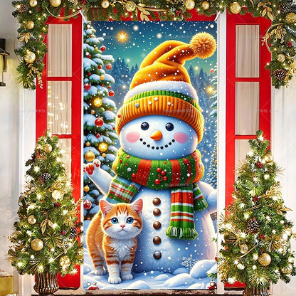Christmas Decorations Door Cover Banner Cute Snowman Bear Gift Backdrop Xmas Party Indoor Outdoor Background Decor Supplies