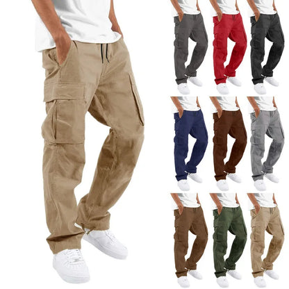2025 new Men Spring Casual Trousers Solid Color Multi-Pocket Loose Straight Sports Fitness Pants Outdoor Cargo Pants Men