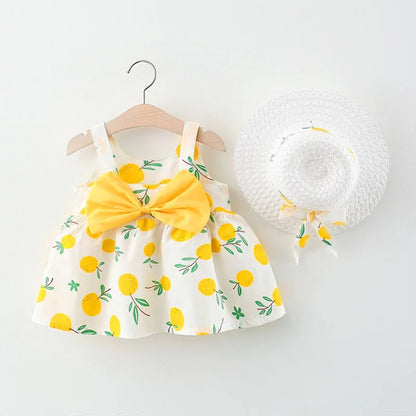 2Piece Sets Summer Toddler Girl Clothes Korean Fashion Flowers Cute Bow Sleeveless Princess Baby Dresses+ Sunhat Kids Dress BC136