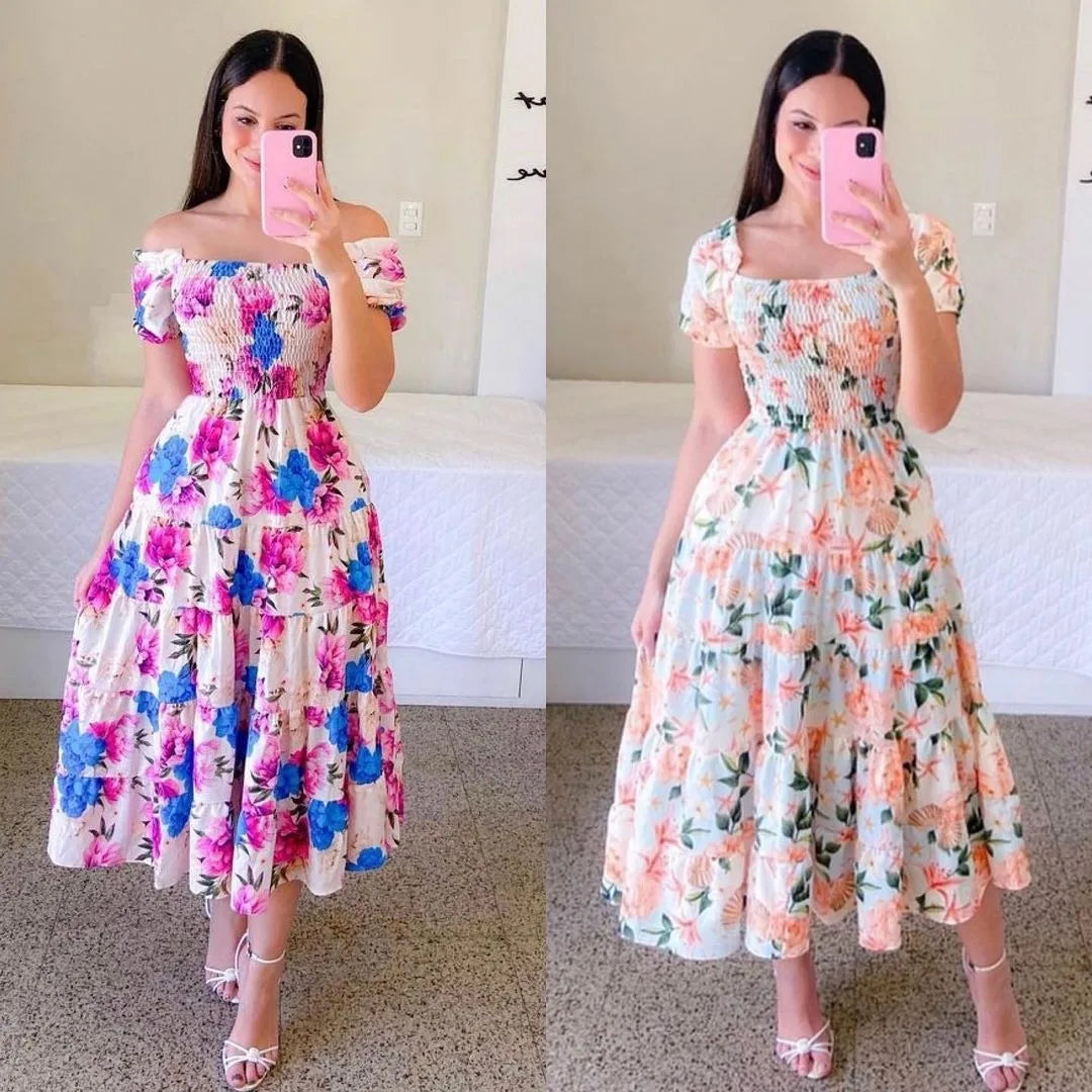 Elegant Women's Off Shoulder Midi Dress 2025 Summer Fashion dresses High Waist Flower Print Short  Sleeve Dress Robe Clothing