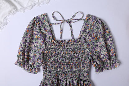 Summer Pleated Women Chiffon Dresses Casual Beach Holiday Short Sleeve Square Collar Woman Midi Dress Bohemian