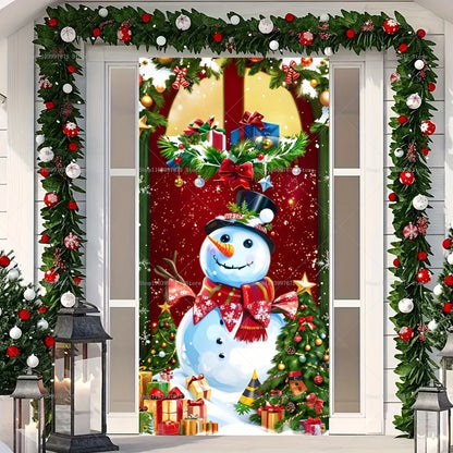 Christmas Decorations Door Cover Banner Cute Snowman Bear Gift Backdrop Xmas Party Indoor Outdoor Background Decor Supplies