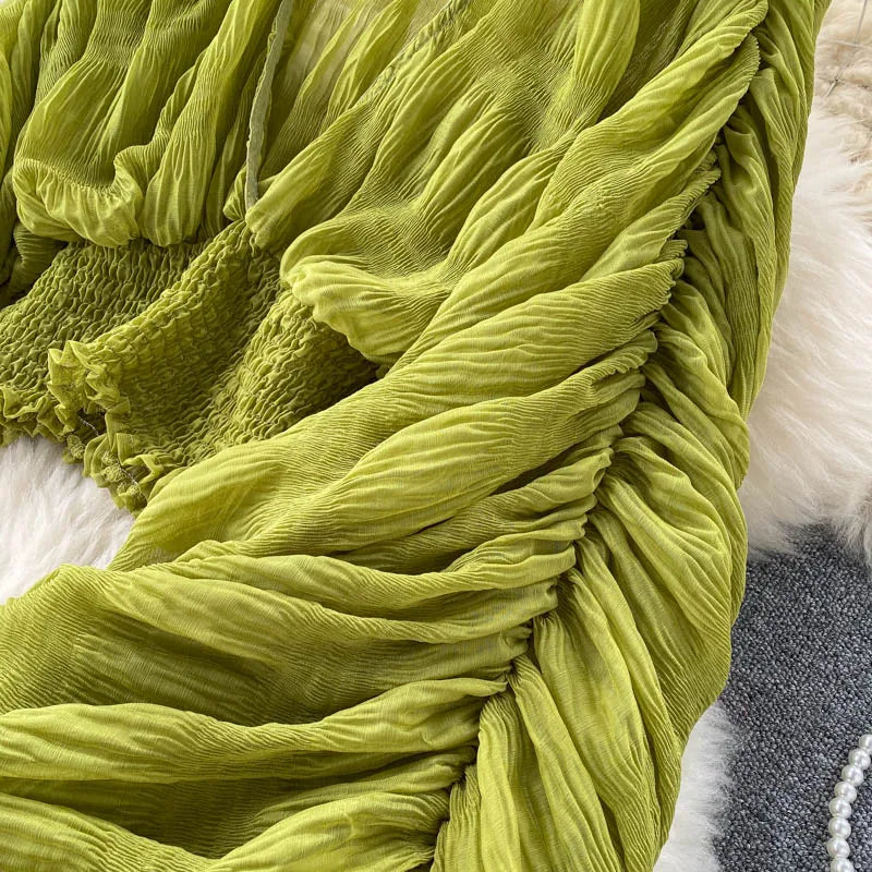 Women Sexy Chiffon Short Blouse Female See Through Super Long Sleeve Purple/Green/Black/White Folds Party Tops 2025 New