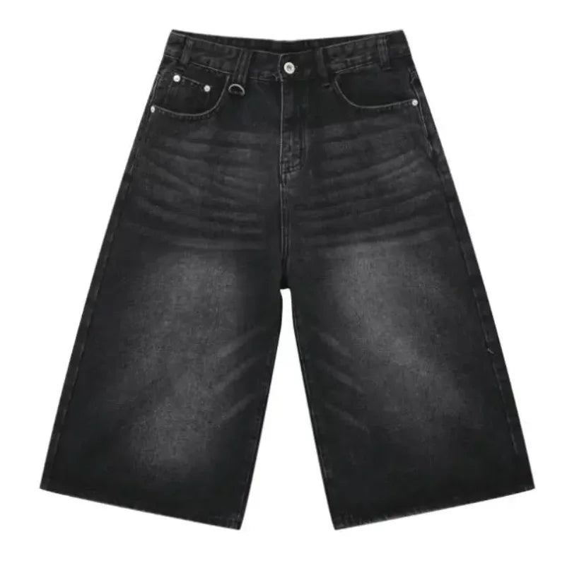 Retro Y2k Baggy  Women Men  Black Jeans Low Waist Casual Wide Pants Frayed Denim Shorts Big Size Clothes