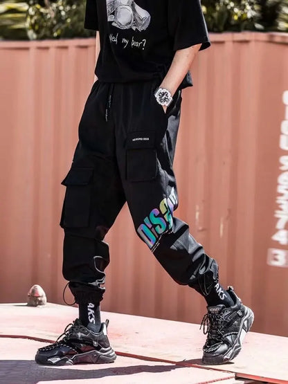 Thin Streetwear Casual Pants Men Ribbons Harem Jogging Pants Male Slim Fit Spring Cargo Pants Multi-Pockets Women Trouser