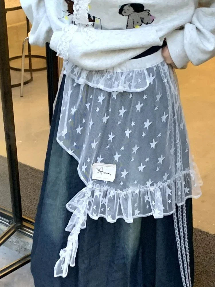 Fashion Star Gauze Sweet Irregular Chic Women Skirts Japanese Y2k Aesthetic Split Skirt Vintage Casual Lace Ruffled Fairy Faldas