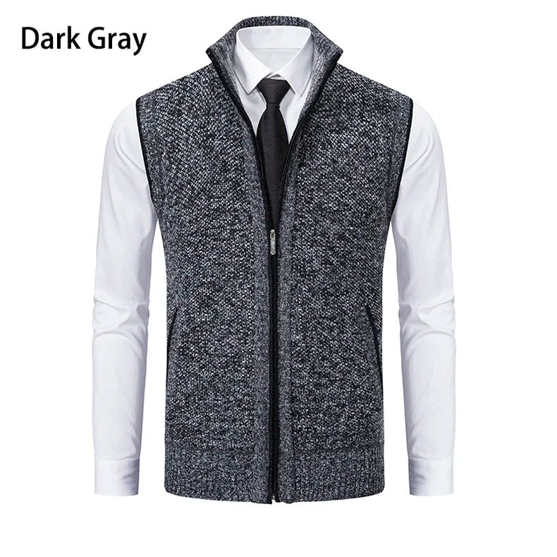 Vest Men Knitted Sleeveless Sweater Jacket Wool Velvet Zipper Cardigan Turn-down Pullovers Turtleneck Sweater coat Knit Waistcoat