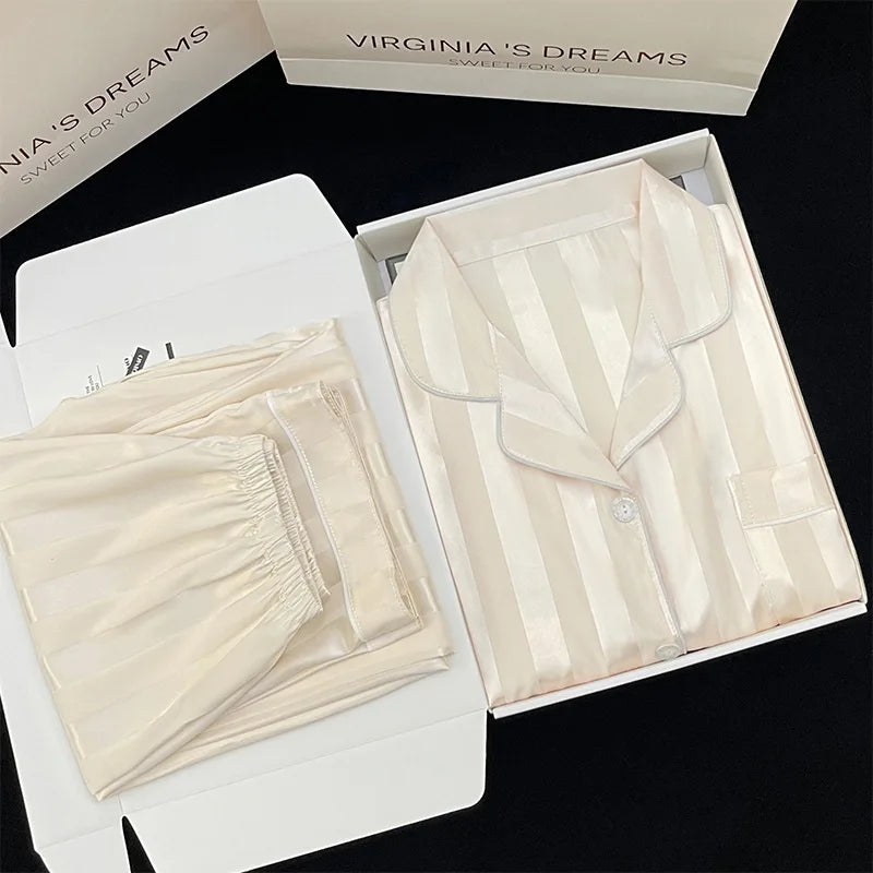 Women's Pajamas Sets Spring Autumn 2 Piece Striped Pajama Faux Silk Satin Sleepwear Long Sleeve Button Pajama Mujer Pjs Home wear