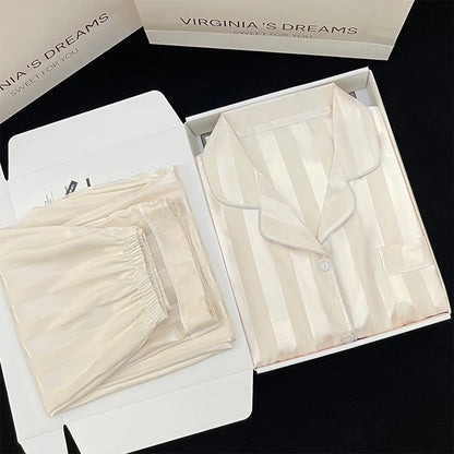 Women's Pajamas Sets Spring Autumn 2 Piece Striped Pajama Faux Silk Satin Sleepwear Long Sleeve Button Pajama Mujer Pjs Home wear