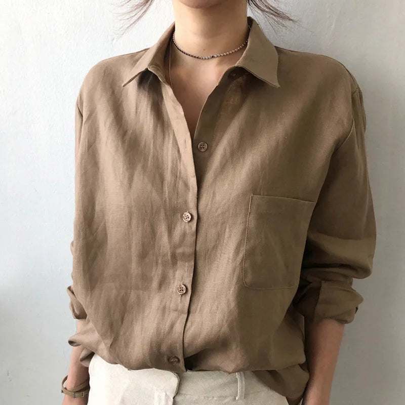Leisure Long Sleeve Cotton Linen Loose Shirt Women Spring Summer Vintage Harjauku Streetwear Oversized Blouse Elegant Top Tunics