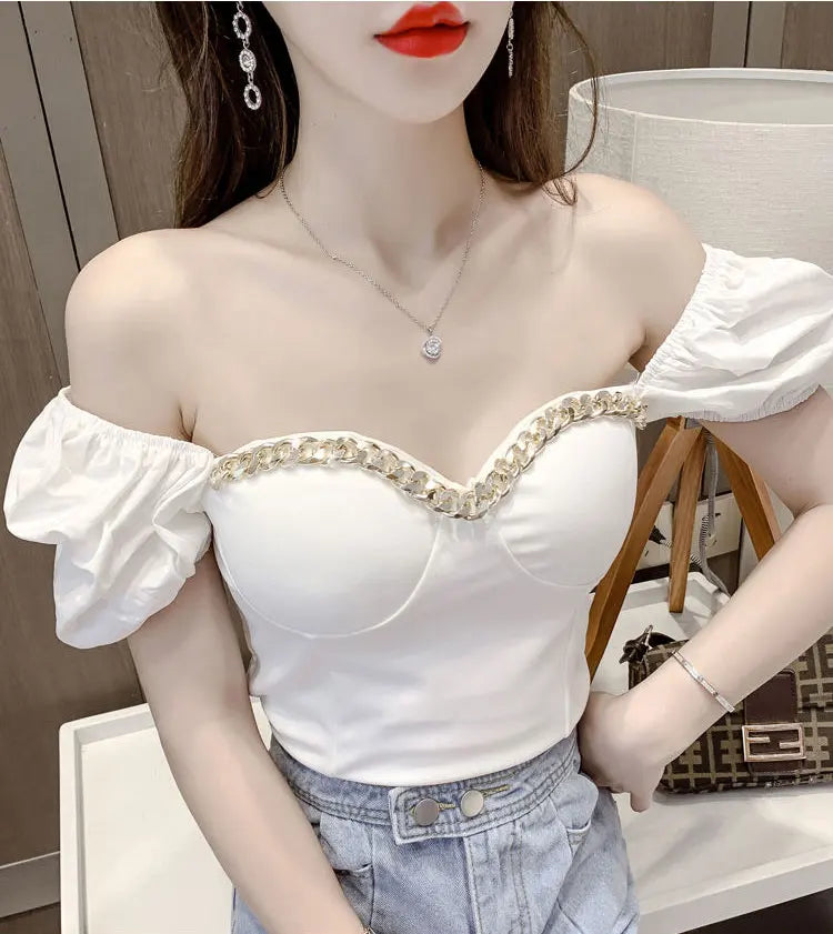 Belly Button Shirt Chic Chain Off Shoulder Expose Clavicle Tank Top Summer Puff Sleeve Crop Tops Women Elegant Sexy Slim Blouses