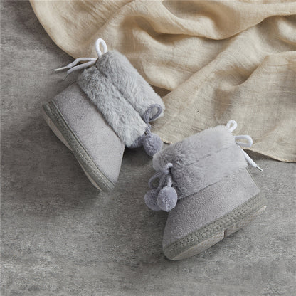Suefunskry Toddler Baby Girls Boys Boots Winter Warm Soft Sole Fluffy Lace up Boots Cute Plush Pom Decoration Non Slip Shoes