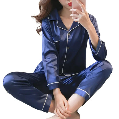 Women Satin Long Sleeve Pajama Set Lapel Top And Pants Solid Pajamas Loungewear 2025 New Arrival Drop-shipping