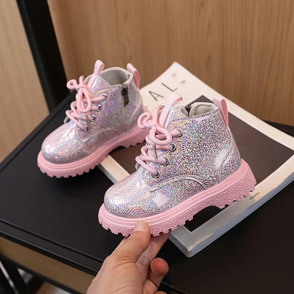 New Children's Autumn Boots Glossy Girls Causal Leather Boots Fashion Versatile Kids Princess Ankle Short Boots Round-toe Zipper
