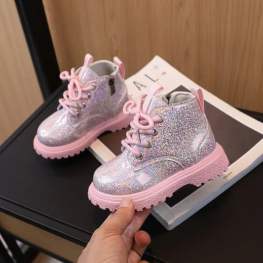 New Children's Autumn Boots Glossy Girls Causal Leather Boots Fashion Versatile Kids Princess Ankle Short Boots Round-toe Zipper