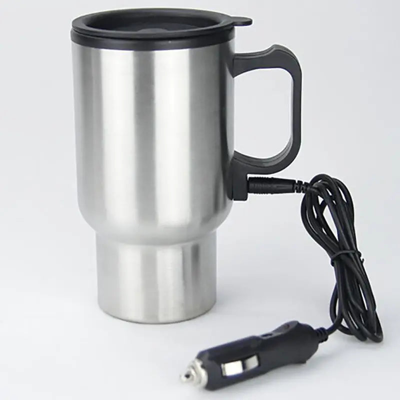 12V Car Heated Mug 450ml Stainless Steel Travel Electric Cup Thermos Cup for Heating Water, Coffee, Milk with Lid, Auto Charger