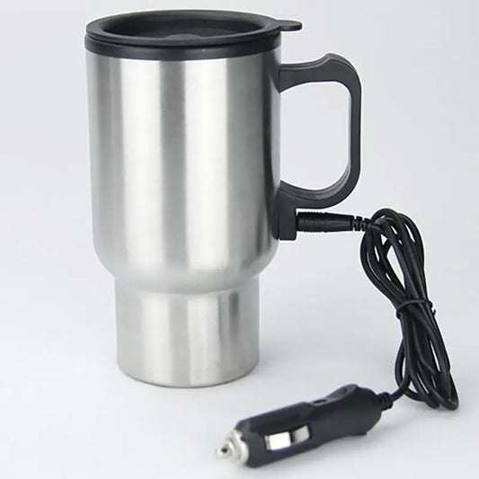 12V Car Heated Mug 450ml Stainless Steel Travel Electric Cup Thermos Cup for Heating Water, Coffee, Milk with Lid, Auto Charger
