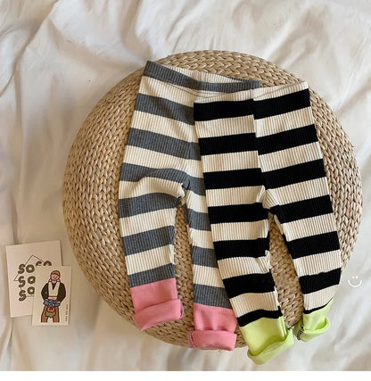 New Spring Autumn Girl Baby Fashion Striped Leggings Boy Infant Splicing Ribbed Casual Pants Newborn Cotton Trousers Kid Clothes