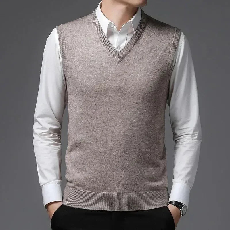 New Men's Autumn High-end Sweater Vest V-neck Warm Knit Sleeveless Men's Clothes Pullover Tops