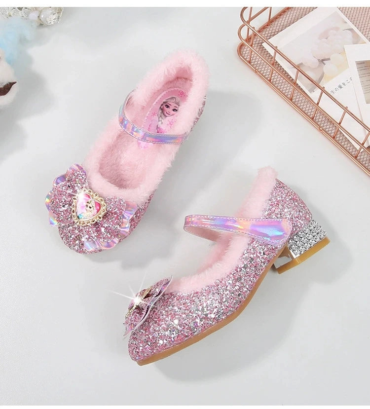 Disney Princess Kids Warm Winter Shoes for Girls Elsa Casual Glitter Children Flat Heel Girls Shoes Butterfly Knot Blue Pink