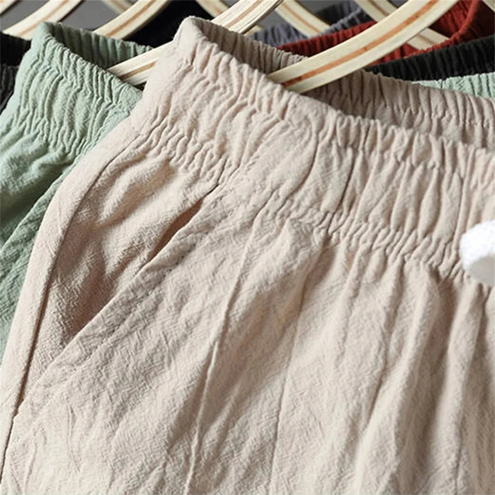 New Men's Cotton Linen Shorts Pants Male Summer Breathable Solid Color Linen Trousers Fitness Streetwear Loose Lace up Bottoms