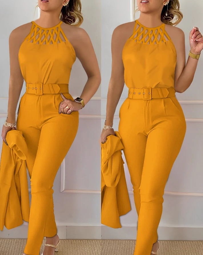 Two Piece Set Women Outfit 2025 Summer Fashion Hollow Out Round Neck Sleeveless Tank Top & Casual Pocket Daily Pants Set