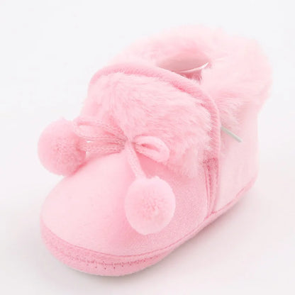 Winter Snow Baby Boots Faux Fur Warm Fluff Balls Indoor Cotton Soft Sole Infant Newborn Toddler Baby Shoes 0-18M