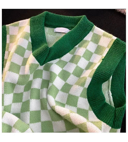 Men's Checkerboard Plaid V-neck Knitted Vest Female Spring Autumn Loose Couple Sweater Coat Sleeveless Vests Casual Tops