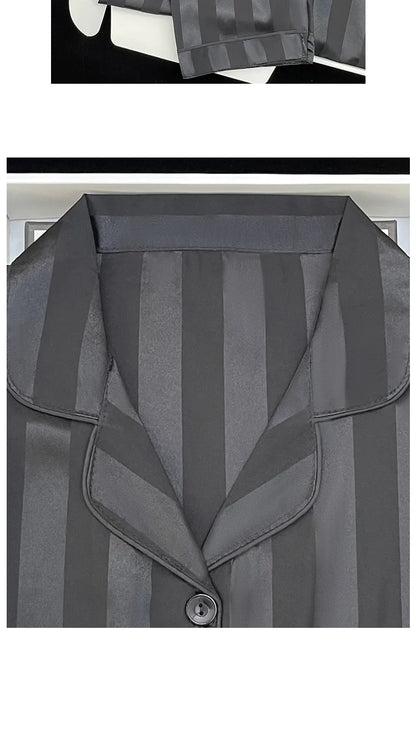 Women's Pajamas Sets Spring Autumn 2 Piece Striped Pajama Faux Silk Satin Sleepwear Long Sleeve Button Pajama Mujer Pjs Home wear