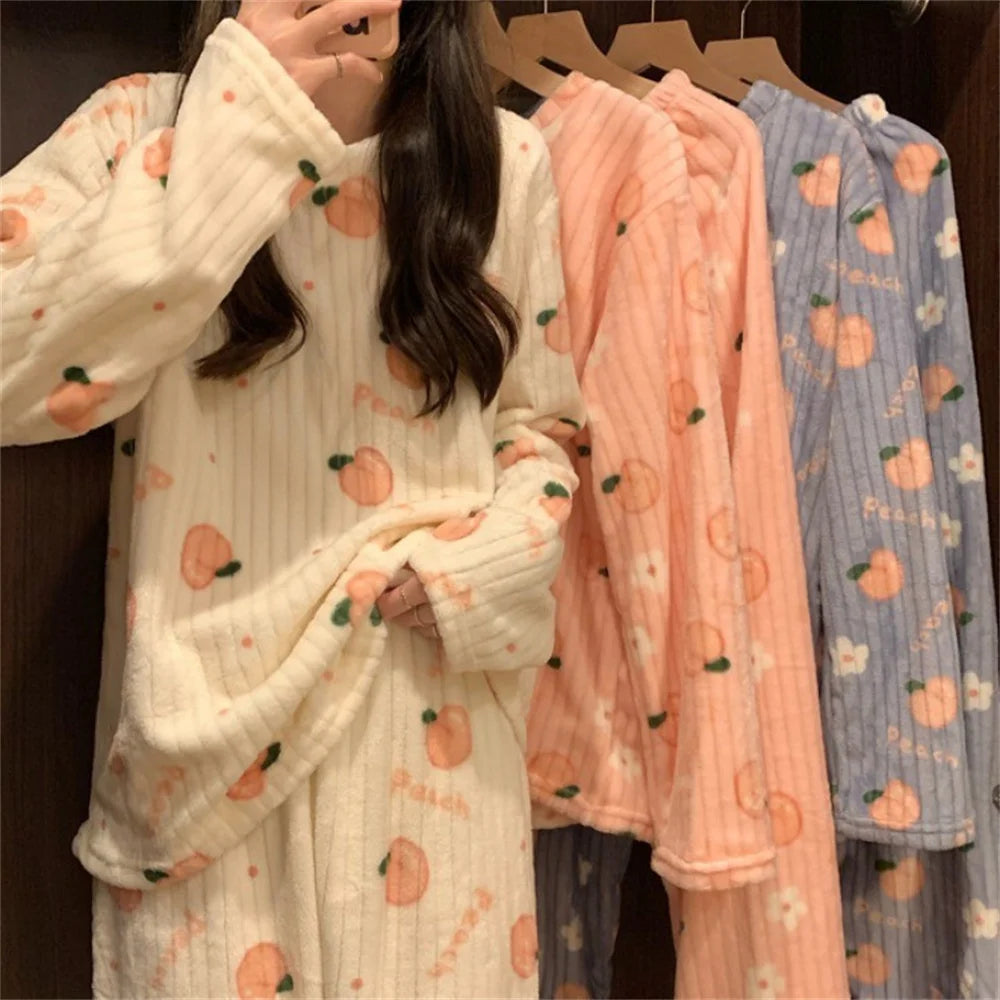 Flannel Long sleeve cartoon sleepwear suit Cozy Thick Warm Cartoon Sleepwear Suit Stylish Women's pajamas set for Autumn Winter