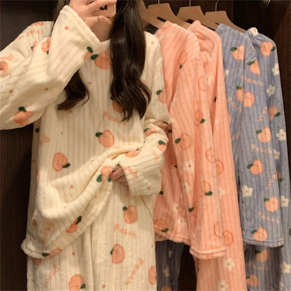 Flannel Long sleeve cartoon sleepwear suit Cozy Thick Warm Cartoon Sleepwear Suit Stylish Women's pajamas set for Autumn Winter