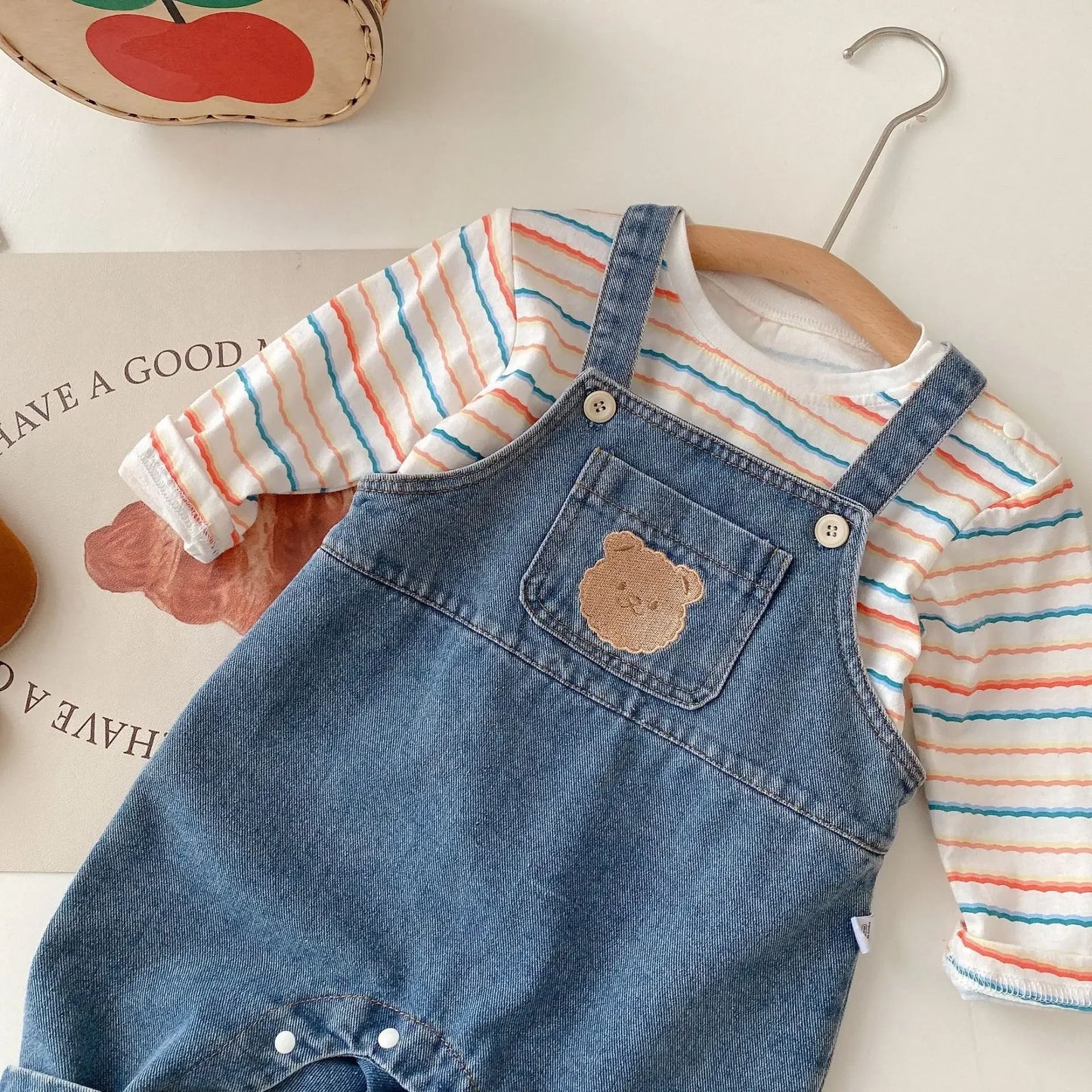 2025 Autumn Korean Baby Boys Girls Pants Cartoon Jeans Overalls Cute Bear Infant Toddler Kids Cotton Suspender Denim Jumpsuit