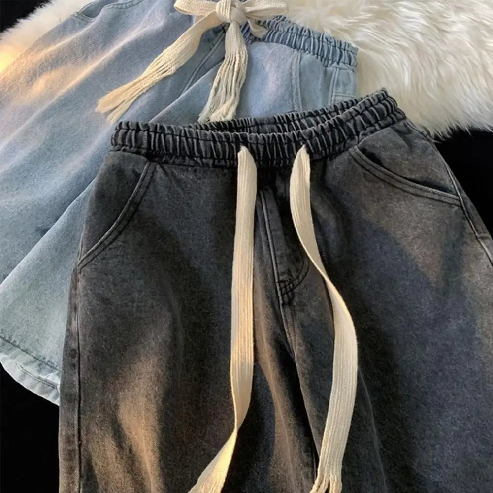 Men Wide-leg Denim Shorts Men's Quick-drying Denim Beach Shorts With Elastic Drawstring Waistband Pockets Summer Wide Leg Shorts