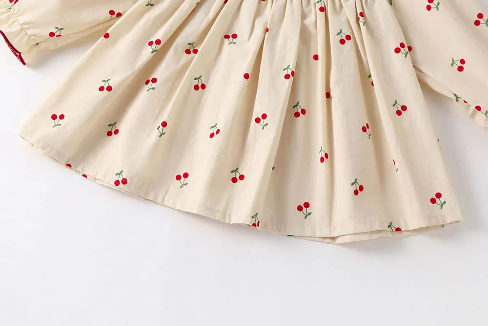 0-2Y Baby Girls Clothes Full Of Cherry Print Baby Dress Long Sleeve Cherry Dresses Ranched Dress with Hat