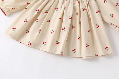 0-2Y Baby Girls Clothes Full Of Cherry Print Baby Dress Long Sleeve Cherry Dresses Ranched Dress with Hat