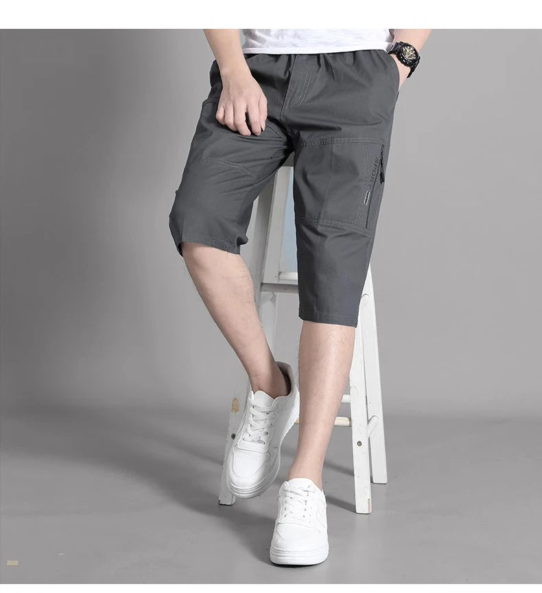 Men's Cargo Shorts Knee Pants Zipper Pocket Summer Cotton Shorts Climbing Jogger Elastic Waist Sports Wear
